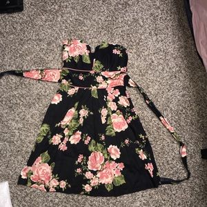 Strapless black flowered dress
